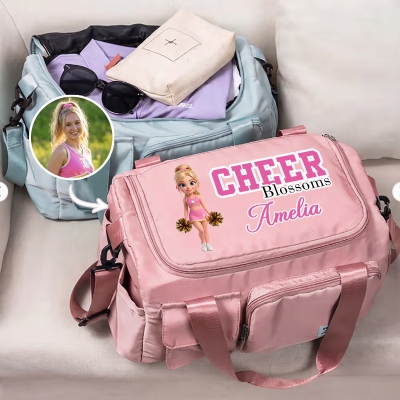 Custom Name Photo 3D Cartoon Cheerleading Girl Duffle Bag, Waterproof Weekender Bag with Shoulder Strap, Getaway Overnight Bag, Gift for Cheerleaders