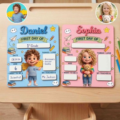 Custom Name & Photo 3D Cartoon Character First Day of School Sign, Kindergarten Elementary School Memory Board, Back to School Gift for Kids/Students