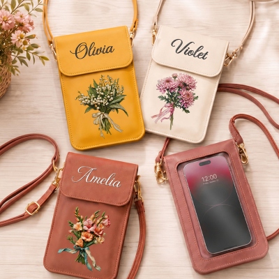 Custom Name Oil Painting Birth Flower Bouquet Crossbody Cellphone Bag, PU Leather Phone Wallet with Adjustable Shoulder Strap, Birthday Gift for Women