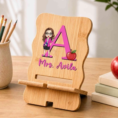 Personalized Cartoon Character Bamboo Phone Holder with Name and Initial, Phone Accessories, Back to School/Teacher's Day Gift for Teachers