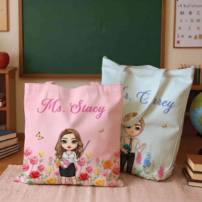 Personalized Cartoon Teacher Character Birth Flower Canvas Tote Bag with Title and Surname, Back to School/Teacher's Day/Appreciation Gift for Teacher
