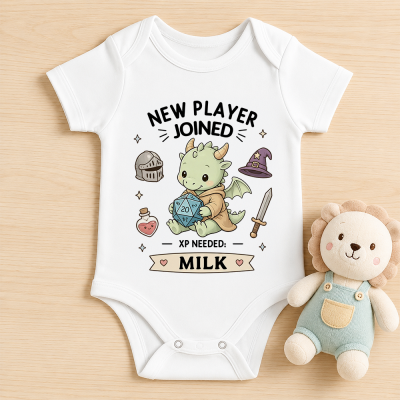 Personalized New Player Joined Cute Dragon D20 Dice Baby Onesie, Custom Name DnD Bodysuit, RPG Baby Shower Gift