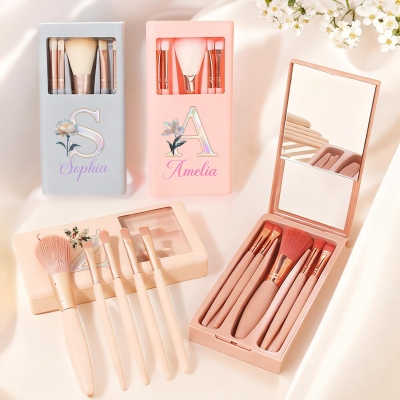 Custom Name Mother of Pearl Effect Initial Birth Flower 5PCS Makeup Brush Set with Mirror, Travel Accessories, Gift for Her/Mom/Bridesmaids/Women