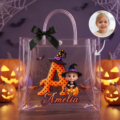 Custom Name & Photo 3D Cartoon Halloween Character Alphabet Gift Bag with Black Bow Ribbon, PVC Clear Trick or Treat Handbag, Halloween Gift for Kids