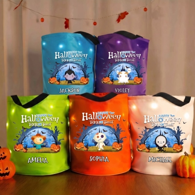 Custom Name Happy Halloween Quirky Cartoon Character LED Light Bucket Bag with Handle, Light-Up Trick or Treat Candy Basket, Halloween Gift for Kids