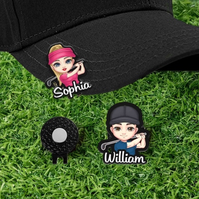 Personalized Cartoon Golf Character and Name Golf Ball Marker with Magnetic Hat Clip Birthday Game Day Gift for Golf Players