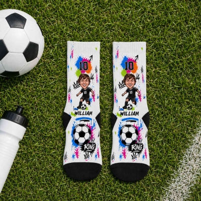 Personalized Photo Soccer King Cartoon Character Mid-Calf/Knee-High Socks with Name & Number, Game Day Socks, Birthday Gift for Sports Lovers/Players