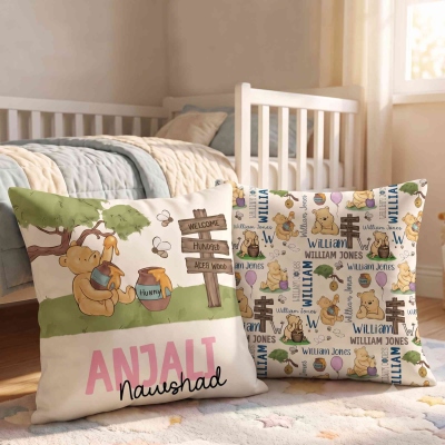 Custom Name Classic Winnie the Pooh Throw Pillow Cover, Pillowcase with Optional Insert, Baby Shower/Children’s Day/Birthday Gift for Newborns/Kids