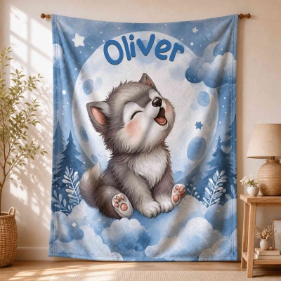Custom Name Cartoon Woodland Wolf Pup & Moon Blanket, Flannel/Sherpa Throw for Bed Couch, Nursery Decor, Baby Shower/Birthday Gift for Newborns/Kids