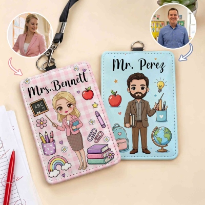Personalized Cartoon Character Photo PU Leather Id Card Holder with Hanging Buckle and Text, Back to School/Teacher’s Day Gift for Teacher/Educator