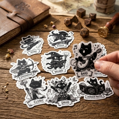 DND Black Cat Character Class Sticker Set, 14‑Pcs Waterproof RPG Sticker Pack, Cute D&D Cat Decals for Campaign Journal, Laptop, Water Bottle