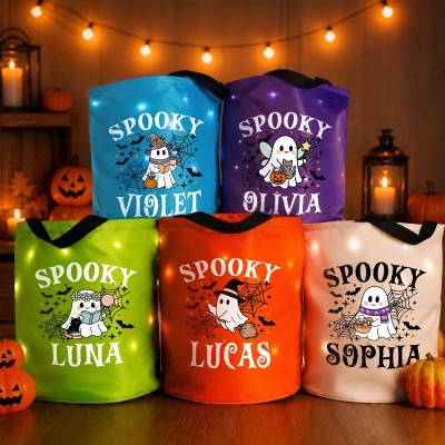 Personalized Name Cartoon Spooky Ghost & Spider Web LED Light Bucket Bag with Handle, Light-Up Trick or Treat Candy Basket, Halloween Gift for Kids