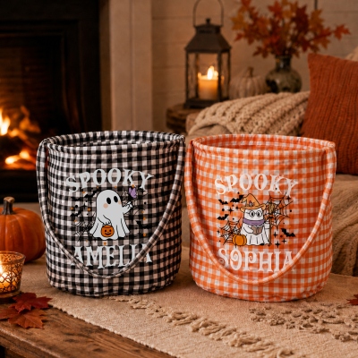 Custom Name Cartoon Spooky Ghost & Spider Web Gingham Candy Basket, Large Capacity Trick or Treat Bucket Bag with Handle, Halloween Gift for Children