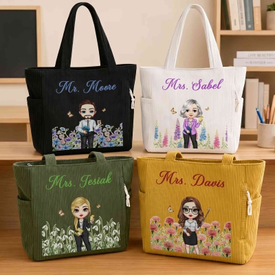 Personalized Cartoon Character Teacher Large Capacity Corduroy Tote Bag with Birth Flower and Text, Travel Essential, Birthday Gift for Teacher