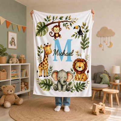 Personalized Initial & Name Cartoon Jungle Animals Blanket, Flannel/Sherpa Bed Couch Throw, Nursery Decor, Baby Shower/Birthday Gift for Newborns/Kids