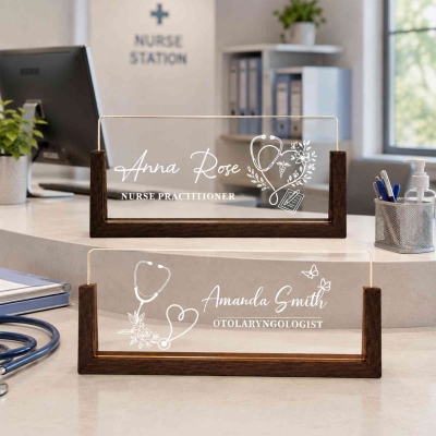 Custom Illuminated Nurse Desk Name Plate, Medical Office LED Light Name Sign with Wooden Base, Appreciation/Graduation Gift for Nurses/Medical Staff