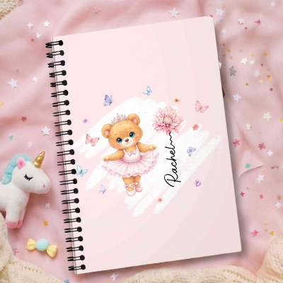 Personalized Birth Flower Ballet Bear Notebook with Name, Softcover A5 Spiral Journal, Back to School/Birthday/Christmas Gift for Ballet Lovers/Girls