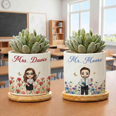 Personalized Cartoon Character Birth Flower Ceramic Plant Pot with Title Surname and Bamboo Base, Teacher's Day/Back to School Gift for Teachers