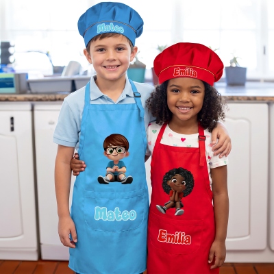 Personalized Cute Cartoon Kids Character Adjustable Apron Chef Hat Set with Name and Pocket, Kitchen Use, Cooking/Birthday Gift for Kids/Boys/Girls
