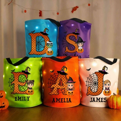 Personalized Cartoon Character Pumpkin Design LED Light Candy Bucket with Name and Initial Trick or Treat Halloween Party, Gift for Girls/Boys