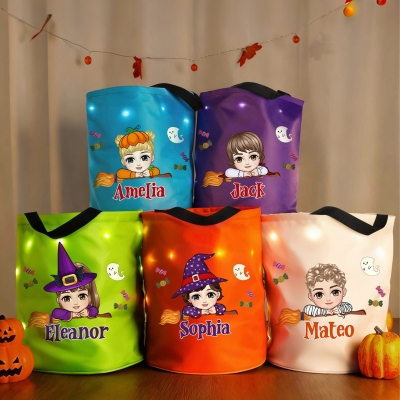 Personalized Halloween Theme Witch Hat Cartoon Kid Character LED Light Bucket Bag with Name Trick or Treat Halloween Party, Gift for Boys/Girls