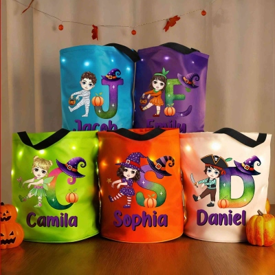 Personalized Cartoon Kids Character Pumpkin LED Light Bucket Bag with Name and Letter, Trick or Treat Halloween Party, Gift for Children/Boys/Girls