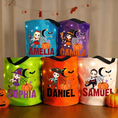 Personalized Cartoon Character Pumpkin LED Light Bucket Bag with Name, Trick or Treat Halloween Party, Gift for Children/Boys/Girls