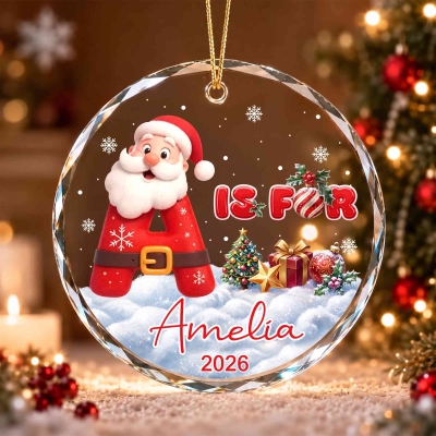 Personalized Santa Claus Alphabet Christmas Ornament with Name & Year, Glass Holiday Tree Hanging Decor, Christmas Gift for Kids/Family