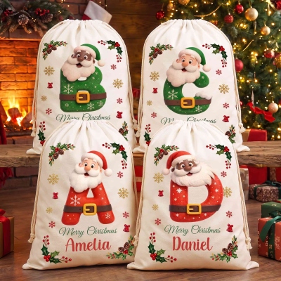 Personalized Name Cartoon Santa Claus Alphabet Christmas Gift Bag, Canvas Santa Sack with Drawstring, Holiday Party Favor, Christmas Gift for Kids