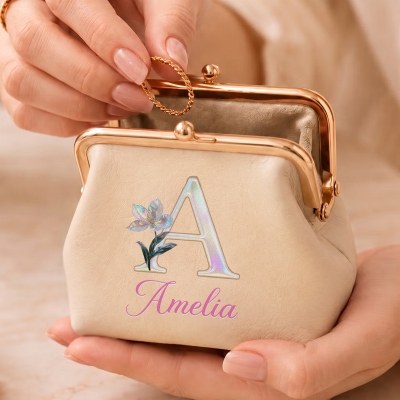 Custom Name Mother of Pearl Effect Initial Birth Flower Kiss Lock Leather Coin Purse, Travel Clasp Wallet, Birthday/Wedding Gift for Women/Bridesmaids