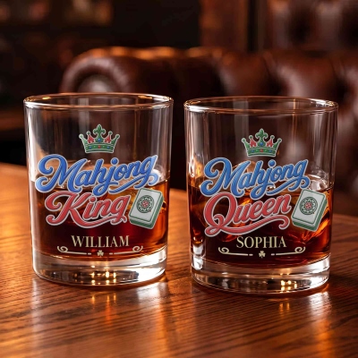 Personalized Mahjong Crown Whiskey Glass with Name, 10oz Bourbon Old Fashioned Glass, Game Night/Anniversary/Birthday Gift for Mahjong Lovers/Players