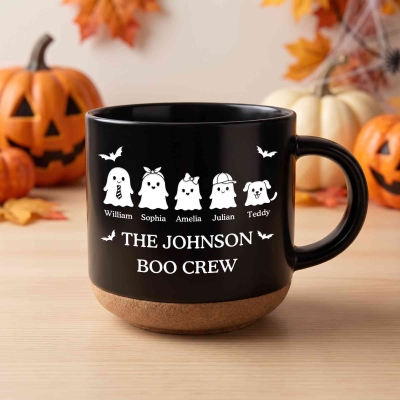 Personalized Spooky Ghosts Boo Crew Pottery Mug with Names, Multicolor 12oz Ceramic Coffee Tea Mug, Autumn Drinkware, Halloween Gift for Family