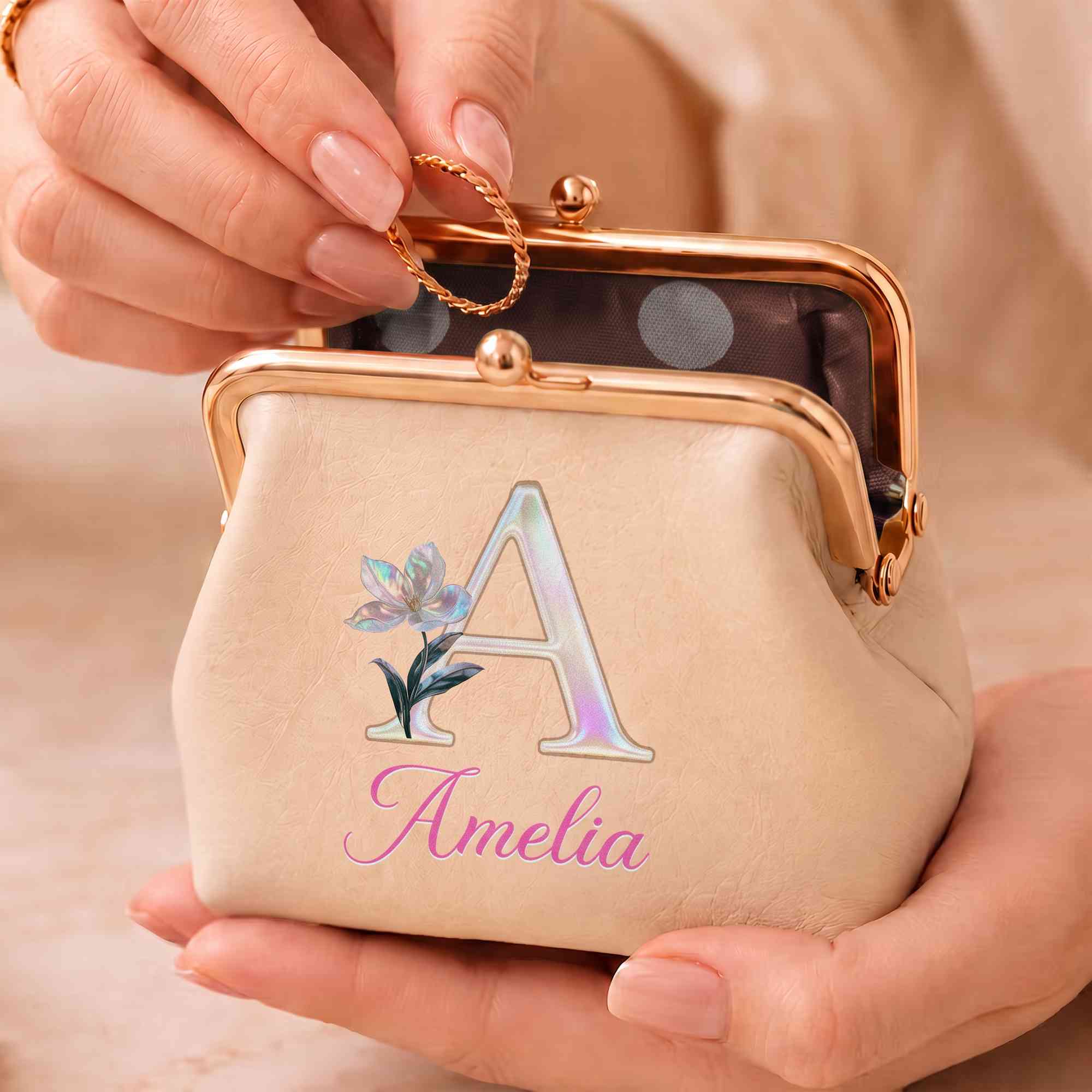 Custom Name Mother of Pearl Effect Initial Birth Flower Kiss Lock Leather Coin Purse, Travel Clasp Wallet, Birthday/Wedding Gift for Women/Bridesmaids