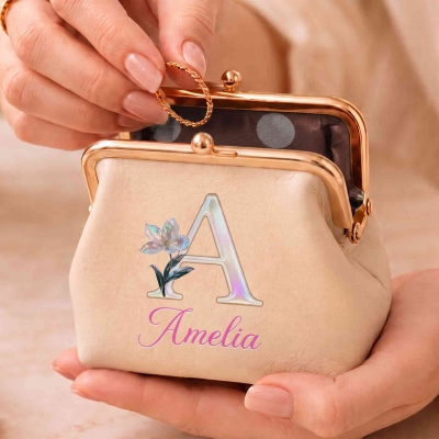 Custom Name Mother of Pearl Effect Initial Birth Flower Kiss Lock Leather Coin Purse, Travel Clasp Wallet, Birthday/Wedding Gift for Women/Bridesmaids