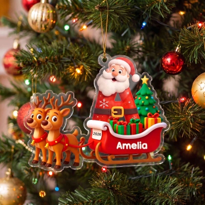 Personalisierter Weihnachtsbaumschmuck mit Weihnachtsmann, Rentierschlitten, Namen und Jahr, Acryl-Baumhänger, Weihnachtsgeschenk für die Familie