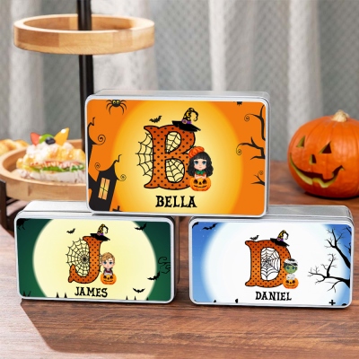 Personalized Cute Cartoon Character Biscuit Tin Box with Initial and Name Halloween Party Gift for Boys Girls