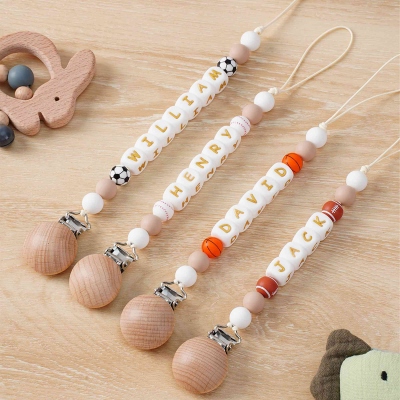 Personalized Ball Sports Silicone Beaded Pacifier Clip Holder with Name Fits Most Pacifiers Teether Toy Baby Shower Gift for Newborn