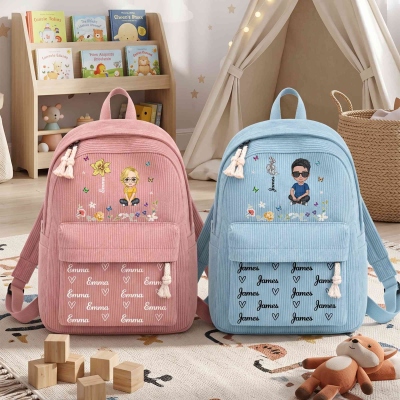 Personalized Birth Flower Cartoon Character Heart Butterfly Floral Backpack with Name, Back to School/Birthday Gift for Kids/Boys/Girls