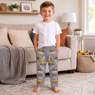 Personalized Cartoon Construction Trucks Children’s Pajama Pants with Name, Elastic Waistband Lounge Pants, Birthday/Christmas Gift for Kids/Boys