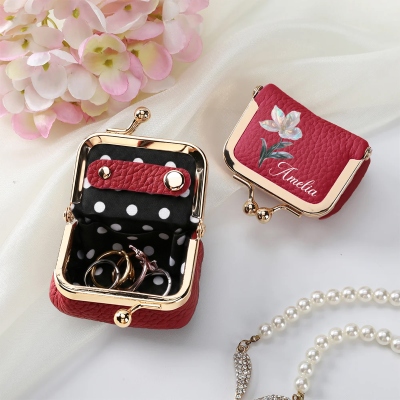 Personalized Name Mother of Pearl Effect Initial Birth Flower Kiss Lock Leather Mini Jewelry Box, Travel Essential, Birthday Gift for Her/Mom/Women