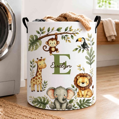Personalized Initial & Name Cartoon Jungle Animals Storage Basket with Handles, Waterproof Large Capacity Toy Laundry Basket, Birthday Gift for Kids