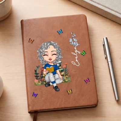 Personalized Cartoon Reading Character Birth Flower Faux Leather Journal Notebook with Name, Birthday Gift for Bookworms/Book Lovers