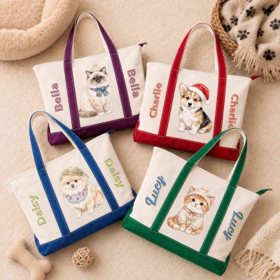Personalized Cute Cartoon Pet Photo Multicolor Canvas Tote Bag with Name, Daily Use, New Puppy Birthday Gift for Pet Owner/Parent Lover