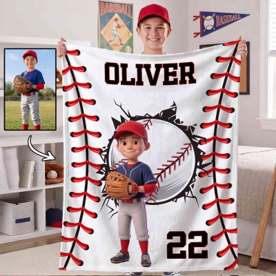 Personalisierte, weiche Kuscheldecke mit 3D-Effekt, Ball-Sport-Cartoon-Foto, Namen und Nummer, Geschenk für Sportbegeisterte zum Spieltag/Geburtstag