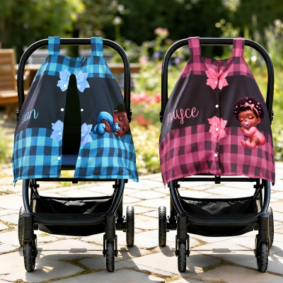 Personalisierter Autositzbezug mit Namen, Cartoon-Motiv, Afro-Stil, Schleife, Karomuster, atmungsaktiver Kinderwagenbezug, Geburtstags-/Babypartygeschenk für Neugeborene/frischgebackene Eltern