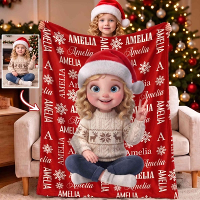 Personalized 3D-Style Art Christmas Cartoon Character Photo Soft Throw Blanket with Name, Home Decor, Christmas Gift for Kids/Friends