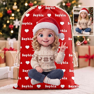 Personalized 3D-Style Artwork Santa Hat Character Photo Canvas Drawstring Gift Bag with Name, Christmas Party Gift for Boys/Girls
