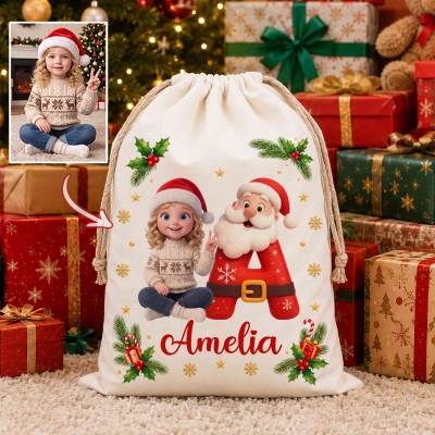 Personalized 3D-Style Character Artwork Photo Canvas Drawstring Gift Bag with Initial and Name, Christmas Gift for Boys/Girls