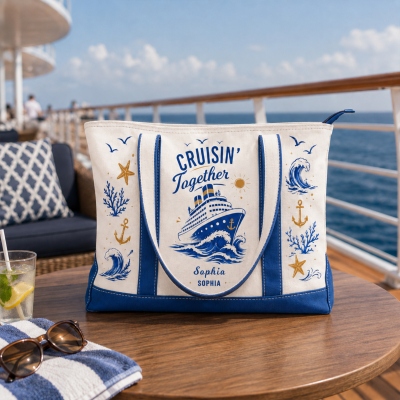 Personalized Name Marine-Themed Cruise Trip Boat Tote Bag, Canvas Beach Tote, Large Capacity Handbag, Vacation Gift for Travelers/Family/Friends
