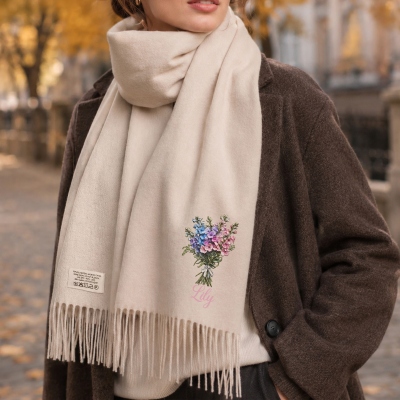 Custom Name Oil Painting Birth Flower Bouquet Scarf with Tassels, Soft Warm Faux Cashmere Scarf, Birthday/Christmas Gift for Her/Mom/Family/Friends